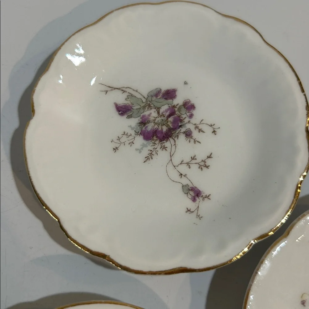 Antique L.S.&S. Carlsbad Austria Hand Painted Floral Plates Set  7 Gold Trim 3.5